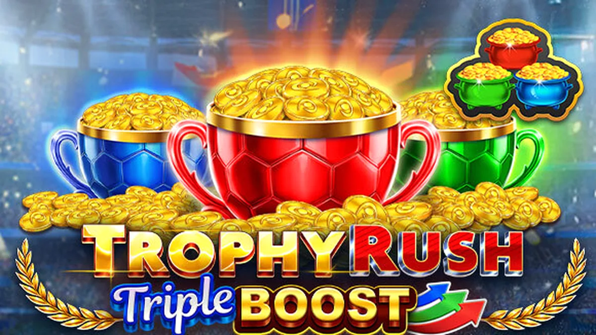 Trophy Rush Triple Boost slot game interface featuring golden coins and stadium theme