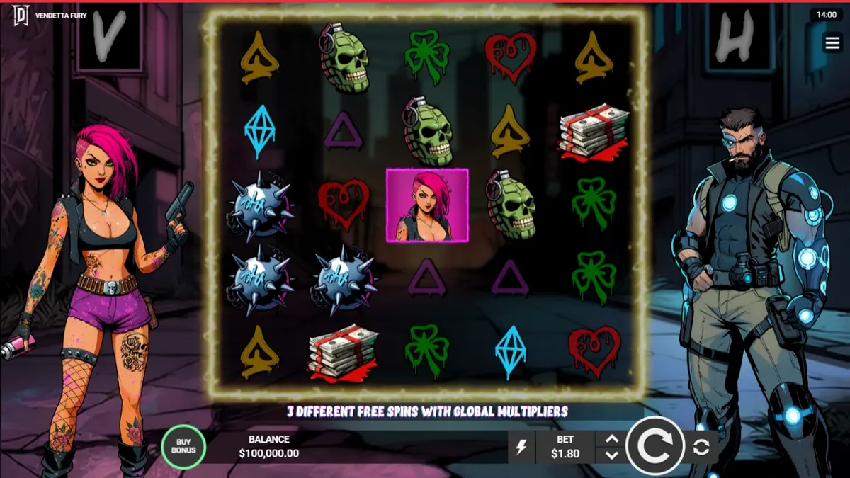 Tampilan visual neon futuristik dari slot Vendetta Fury