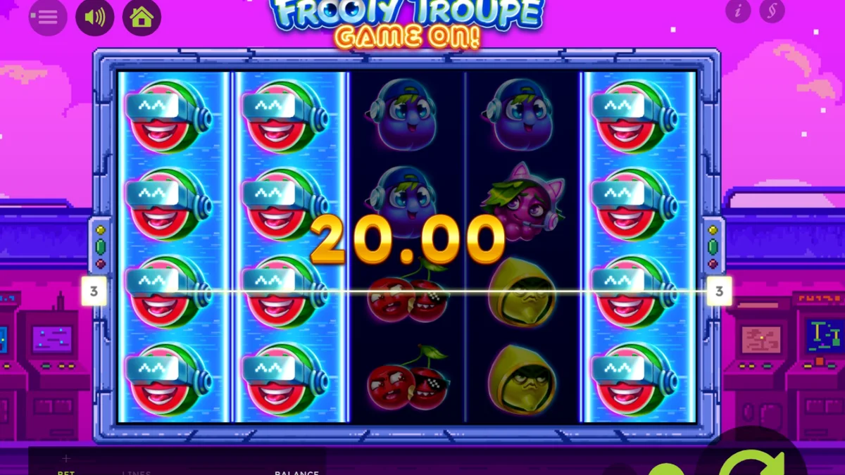 Tampilan visual retro dari slot Frooty Troupe – Game On! dengan simbol buah-buahan berpiksel.