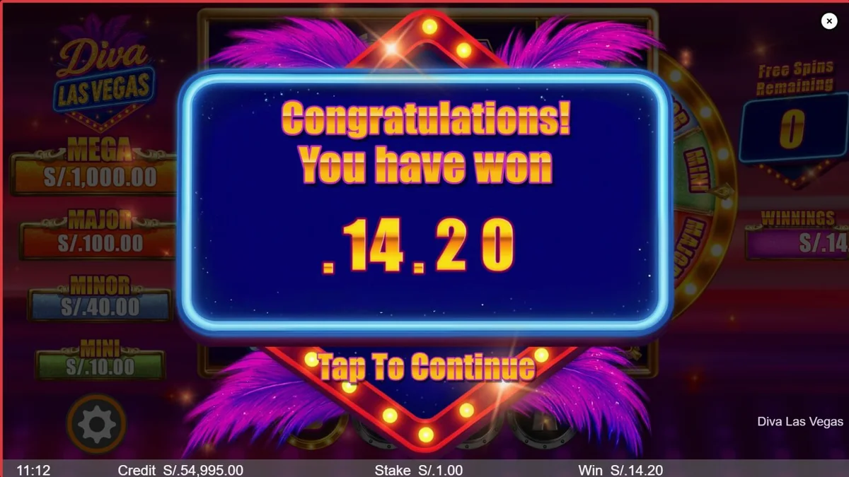Tampilan layar permainan slot Diva Las Vegas dengan latar belakang panggung kasino yang glamor, simbol-simbol mewah, dan roda bonus yang berkilau.